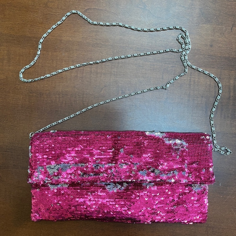 Pink and silver shiny clutch purse with chain shoulder strap